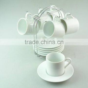 Stock Wholesale Porcelain Coffee Tea Set Tableware Six Cup and Saucer With Metal Stand photo-2