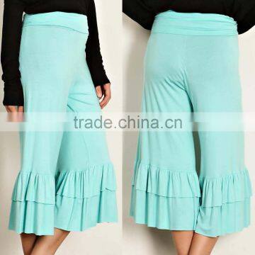 korean wholesale clothing 95% RAYON 5% SPANDEX RUFFLE HEM SOLID JERSEY KNIT GAUCHO PANTS Harem yoga pants