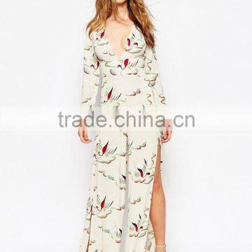 2015 China Factory OEM ODM Fashionable Customized Painterly Bird Print Jumpsuit With Thigh Splits photo-2