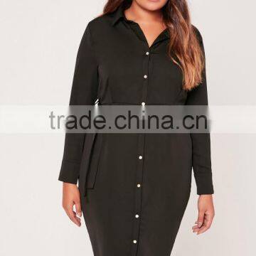 Plus Size Satin Button Through Belted Shirt Dress Rayon Black Long Sleeve Shirt Dress