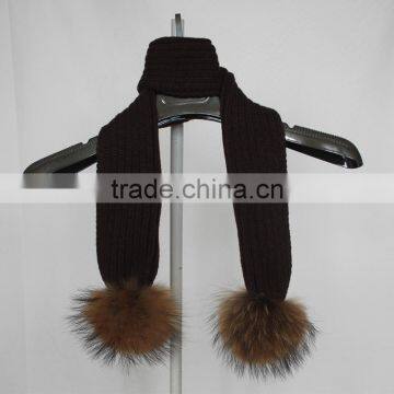 Myfur Kids Ribbed Knitting Scarf With Removable Raccoon Fur Pompoms photo-3