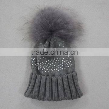 Myfur Elegant White Raccoon Fur Pom Poms Attached Wool Knitting Beanie Hat Wholesale