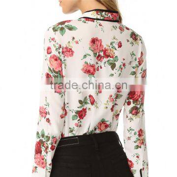 2017 Latest Long Sleeve Spring Fashion Ladies Floral Tie Neck Blouse photo-4