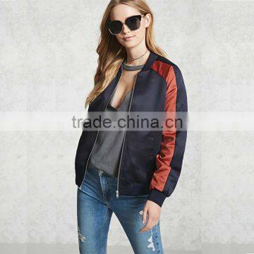 2017 Womens Windproof Satin Contrast Ribbed Knit Trim Bomber Jackets photo-4