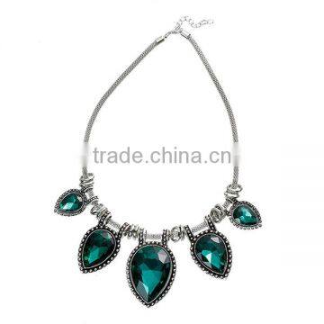 New Fashion Lantern Chain Antique Silver Drop Pendant Malachite Green Rhinestone Handmade Statement Necklace