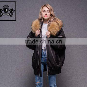 European Style Luxury Parka Black Coat Fur Hood Down Jacket Women Custom Bomber Jacket