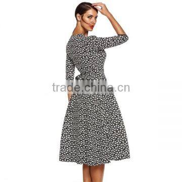 Autumn Winter 2016 3/4 Sleeve Women Fashion Elegant Vintage Rockabilly Floral Swing Party Dresses 1950s Style photo-2