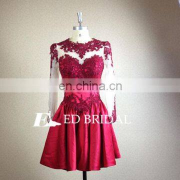 Sexy Lace Appliques Satin Wine Red Short Evening Dress Long Sleeve