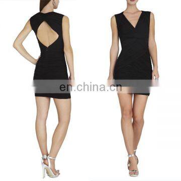 HC0004 V neck sleeveless keyhole back zipper closure black crepe ruched bodice short mini skirt cocktail dress 2013