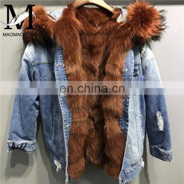 2017 Fashionable Women Winter Real Fox Fur Lined Denim Parka Real Fur Jacket Raccoon photo-4