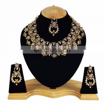 Designer Gold Plated Bollywood Party wear Kundan Zerconic Jewelry Necklace Set Purple Color