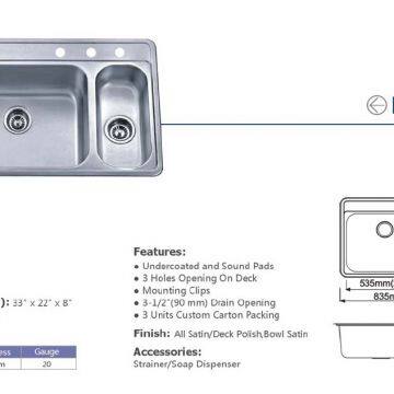Guangdong Dongyuan Kitchenware UPC Certificated 80/20 Stainless Steel Double Bowl Topmount Kitchen Sinks