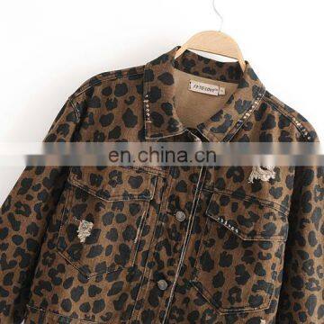 2020 New Design Women's Denim Jean Cropped Leopard Print Bomber Jacket photo-3
