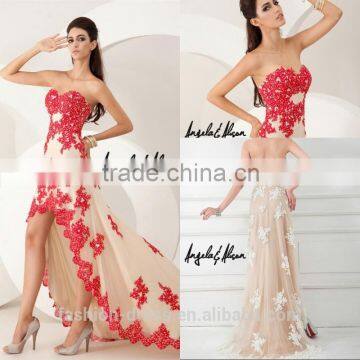 2014 New Beautiful Crystal High Low Evening Dress With Lace