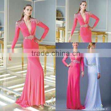 2014 Deep V-neck Beaded Elegant Long Seeve Evening Dress