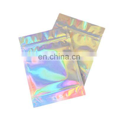 Custom printed holographic pouch ziplock packs hologram mylar packaging iridescent bags for cosmetic