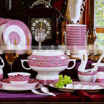 56 pcs pink with white ceramic dinner plate