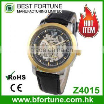 Z4015 Classic fashion style skeleton 3 atm Automatic movtu stainless steel genuine leather watch