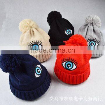 Personalized Eye Design Embroideried Plain Knitting Pom Pom Beanie Caps for Women photo-3
