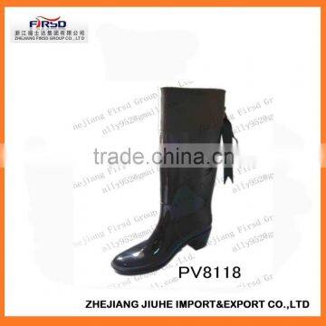 Black High Heel Knee PVC Rain Boot for Ladies