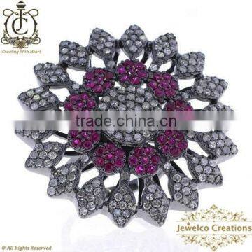 Fashionable Flower Ring, Natural Ruby Gemstone Flower Ring, Pave Diamond Ring, Designer Ring Jewelry