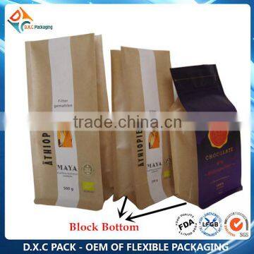 Flat Based Block Bottom Naturak Kraft Paper Roasted Coffee Packing With Venting Valve