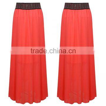 Guangzhou supplier latest long skirt design beaded pink midiskirt chiffon women long skirt