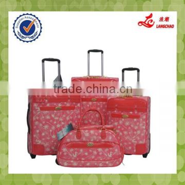 Pink Leaves Flower PU Leather Material 3 Piece Luggage Set Ladies