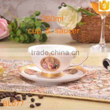 Europe Style Round Shape Flower Decal With Gold-rim Bone China Cup With Saucer