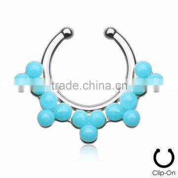 Fake Clip On Septum Clicker Hanger Nose Ring Blue Beads