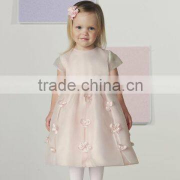 Organza Satin Cap Sleeve Baby Bow Sashes Hand Flowers Pink Flower Girl Dress (FLMO-3064)