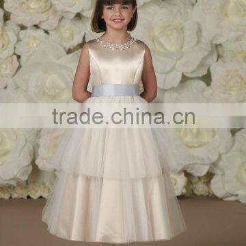 Sleeveless Satin Two-Tiered Crystal Flower Girl Dress With Sash(FLMO-3051)