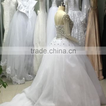 ASAW20 Brazilian Style Sheer Long Sleeves Pearls Beading Puffy Ball Gown Princess Wedding Dress Bridal Gown