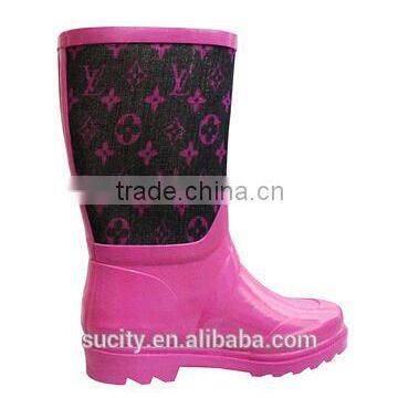 ladies rose pink rubber rain boots with fabric upper