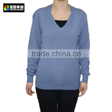 Woman Basic V Neck Cashmere Sweater, Basic Blue Plain Sweater