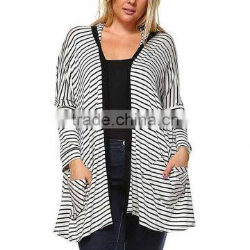 Women Plus Size Off White Black Stripe Hooded Open Cardigan Plus Size Knitted Pattern Long Sleeve Cotton Club Style Cardigan