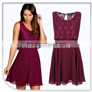 Korean latest design fashion sleeveless lace top plain chiffon straight dresses