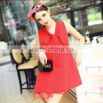 women new fashion Korean style bow tie red color stripes printing sleeveless A line casual dress