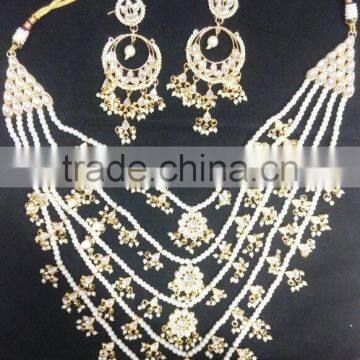 5 Line Bridal KUNDAN Designer Pearl GOLD PLATED Necklace DANGLER EARRING Set photo-5