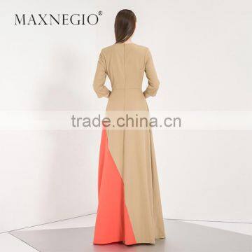 Latest Design Fashion Contrast Color Ladies High Quality Elegant Long Sleeve and Maxi Evening Dress 2016 photo-3