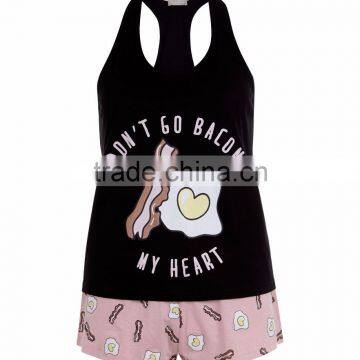 Sleeveless Women Pyjama Set 100% Cotton Playsuit Printed All Over Bacon Vest and Egg Print Shorts photo-4