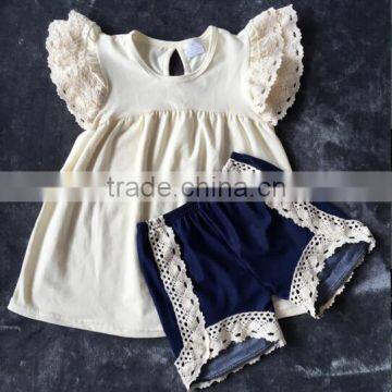 Boya New Arrive Summer Cream Yellow Cotton Lace Flutter Set Girl Clothing Remake Baby Outfits Giggle Moon Girls Sets photo-2