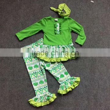 2016 new arrival St Patrick sets girls Shamrock sets girls long sleeve ruffle pants girls Azect pant sets with accessories