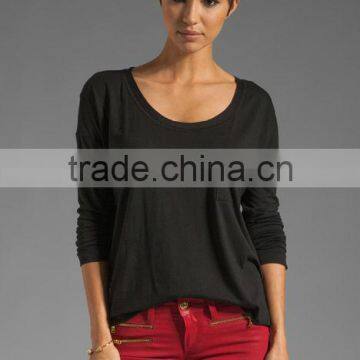 long sleeve pocket plain black t-shirts for women