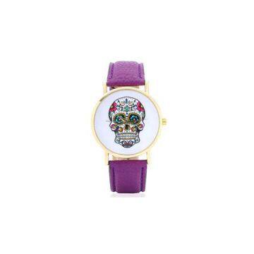 Leather Strap Gold Alloy Case Skull Watch