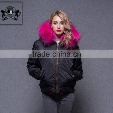 Hot Selling Winter Short Coat Big Real Raccoon Fur Hooded Faux Fur Lined Bomber Jacket For Women