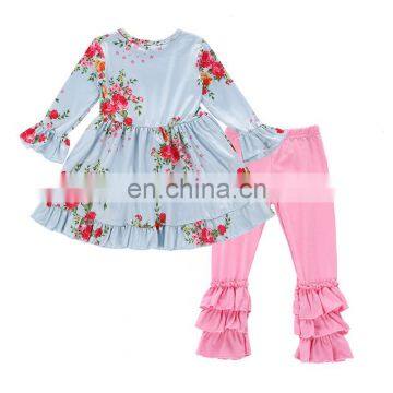 High Quality Baby Girl Cotton Sets Floral Top And Pink Trousers Ruffle Back To School Kids Girl Outfits photo-2