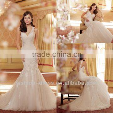 New Arrival Charming Draped Tulle Low V-back Mermaid Wedding Dress