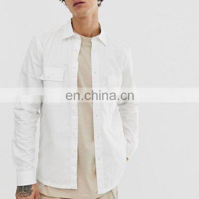 wholesale white poplin overshirt with double pocket  full sleeve t shirt for men