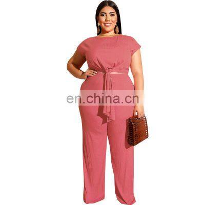Solid Color Plus Size Short Sleeve Plus Size Two Piece Women Pant Sets New Fashion photo-4